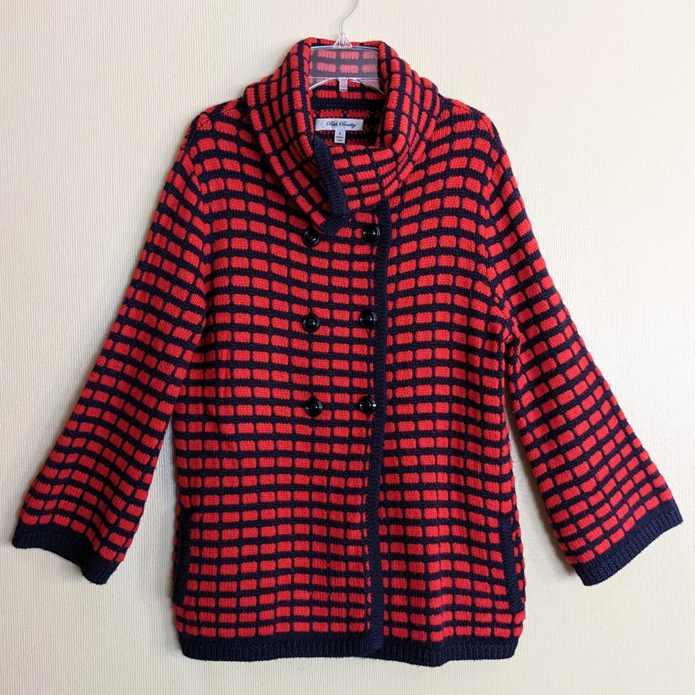 Beth Bowley Cardigan Sweater Red Blue Wool Cowl Neck Check Size Small - Picture 15 of 15